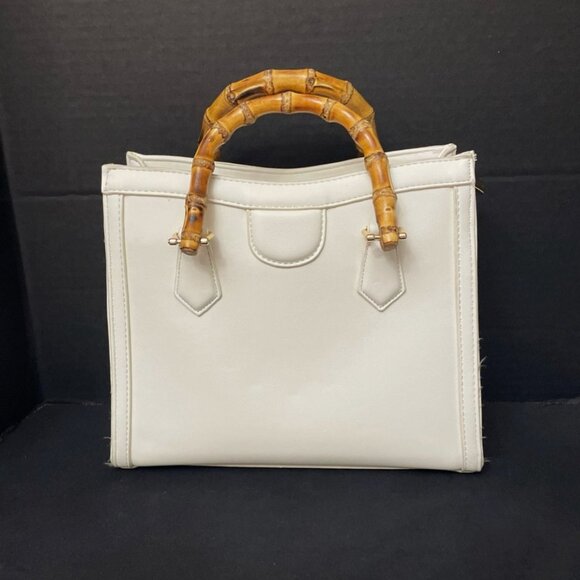 White Faux Leather Handbag w/ Bamboo Double Handles Free Standing Footed - Picture 3 of 11